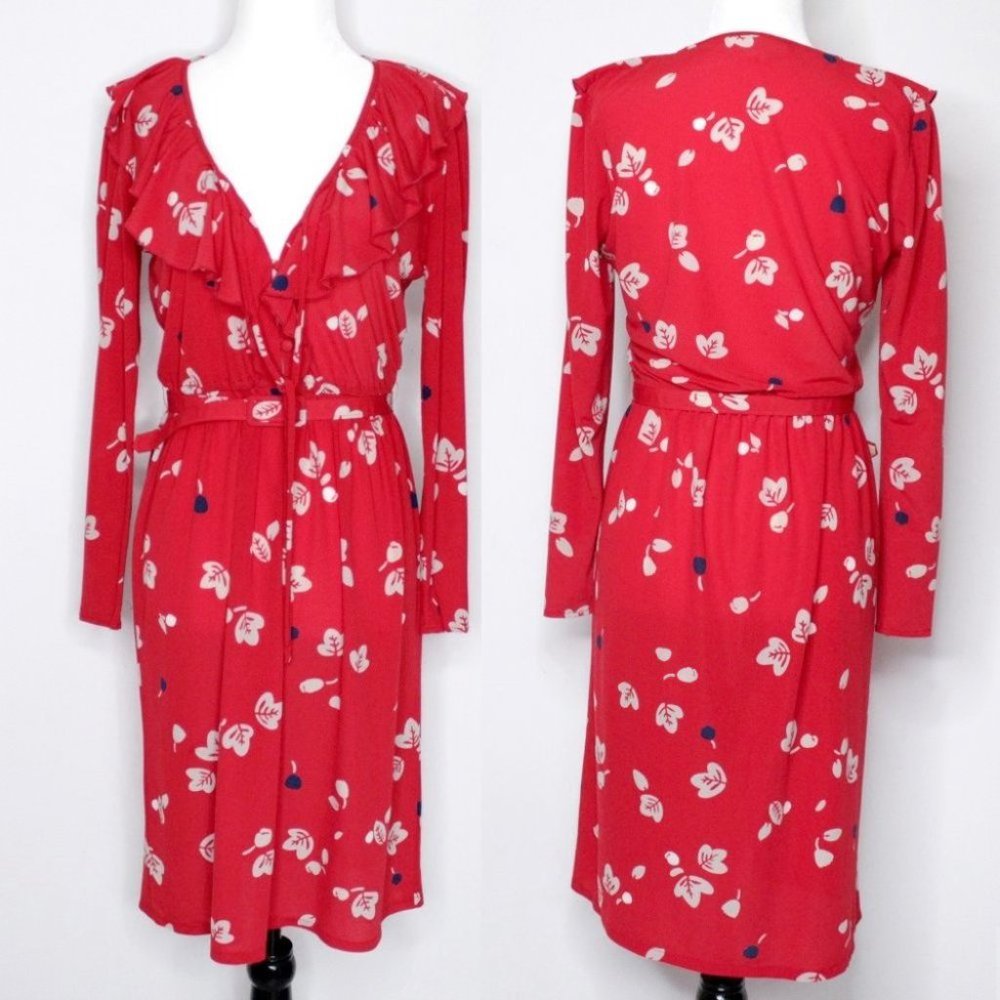Vintage Red Floral Print Midi Dress Roots of London Ruffle V-Neck Size 10